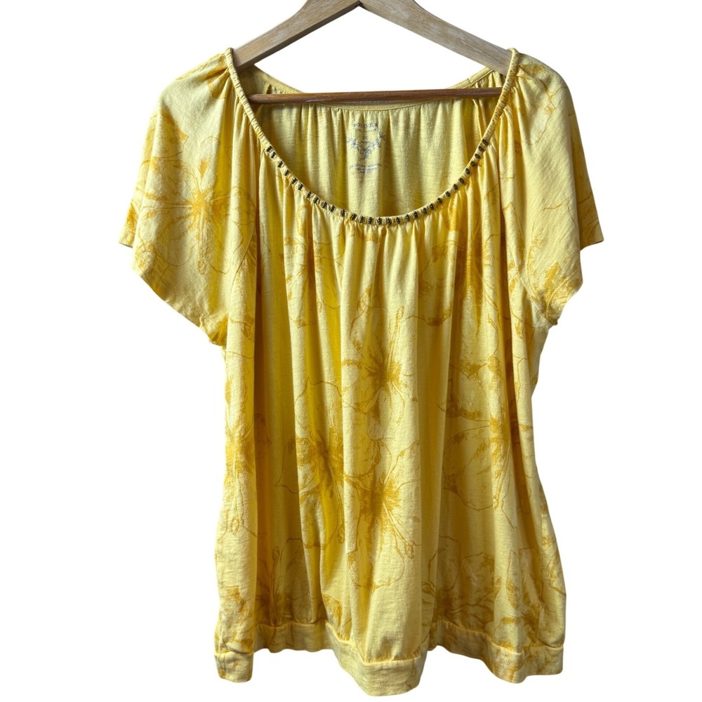Sonoma Life + Style Yellow Floral Beaded Scoop Neck Blouse 2X Woman Short Sleeve